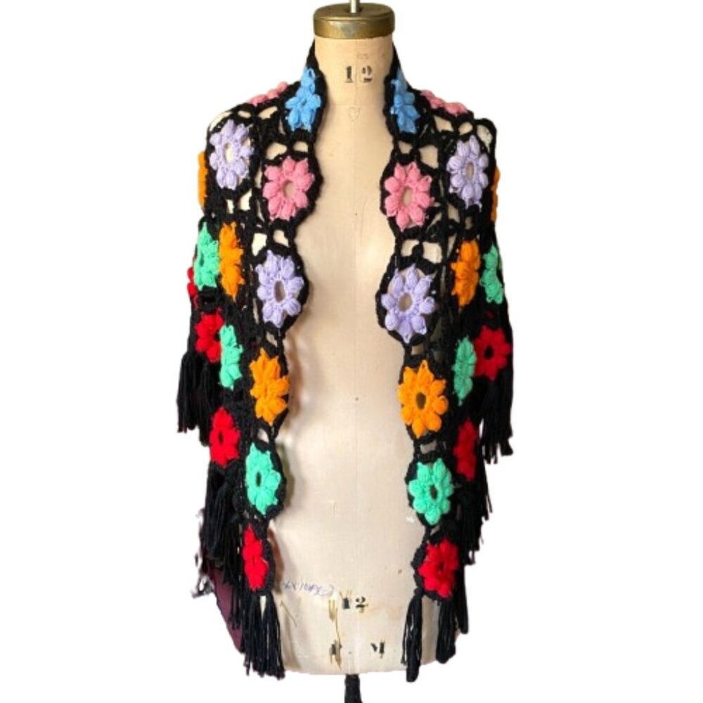 Vintage crochet knit granny flowers floral multicolor wrap scarf shawl w fringe - Picture 2 of 12